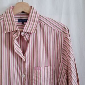 Faconnable Striped Long Sleeve Button Down Blouse Shirt Pink White Tan Size M
